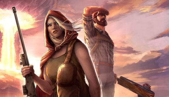 Broken Roads review: A woman in a hood holding a rifle and a man with a beard shading his eyes with his hand, from Broken Roads.