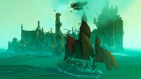 Bulwark Falconeer Chronicles update roadmap - A ship sails away from a coastal city.