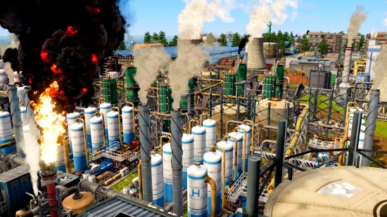 Captain of Industry Update 2 arrives alongside Steam sale - A factory packed full of a network of containers and pipes pumps out smoke.