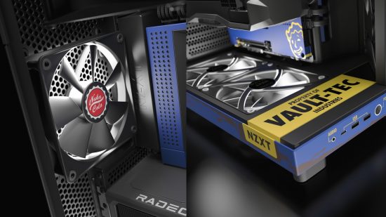 a side by side closeup showing the internal design of the fallout custom gaming pc 