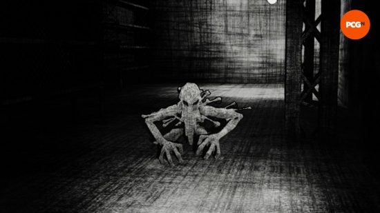 A Content Warning monster with long arms and bombs attached to its body faces up against the player.