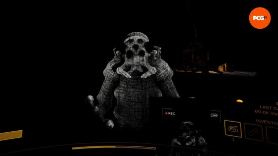 Larva, a large, grotesque, bug-like creature, and one of the Content Warning monsters, approaches the player.