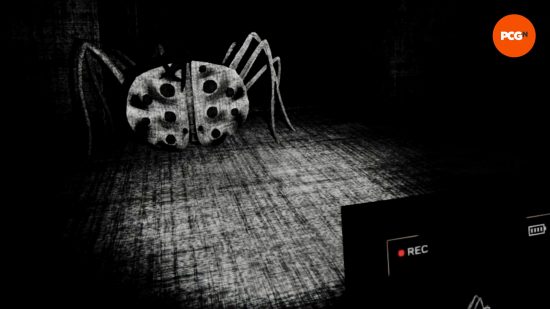 A spider monster with a large, hole-filled face, approaches the player in Content Warning.