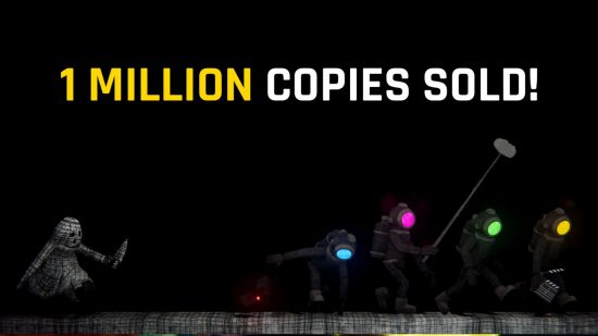 Content Warning - Banner image celebrating "One million copies sold" and featuring the bright-face helmets of the horror game.