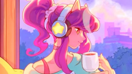 Cozy game blows up on Steam: A cartoon woman with pink hair holding a cup of coffee, from Spirit City: Lofi Sessions.