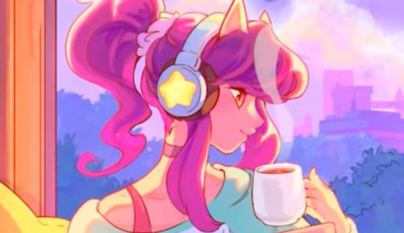 Cozy game blows up on Steam: A cartoon woman with pink hair holding a cup of coffee, from Spirit City: Lofi Sessions.