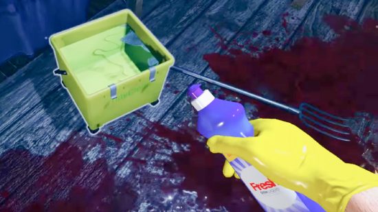 Overwhelmingly Positive cleaning sim gets free demo: A hand in a yellow glove holds cleaning liquid, from Crime Scene Cleaner.