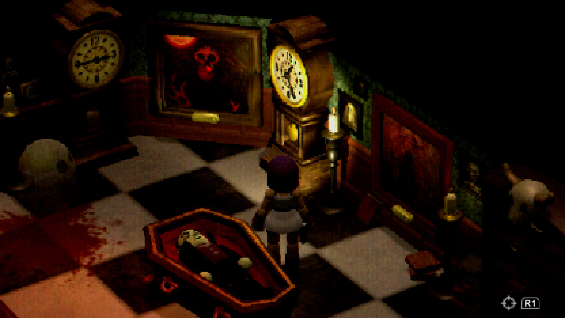 Eine klotzige Figur steht in einem Raum mit einem Sarg in der Mitte auf schwarzen und weißen Fliesen, neben einer großen Standuhr