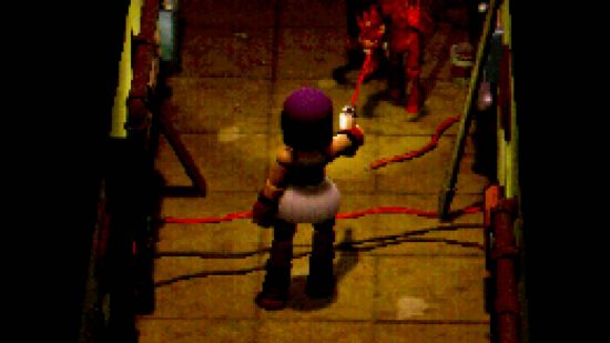 A purple haired blocky videogame figure raises a red laser gun at a monster in a dark, dingy hallway