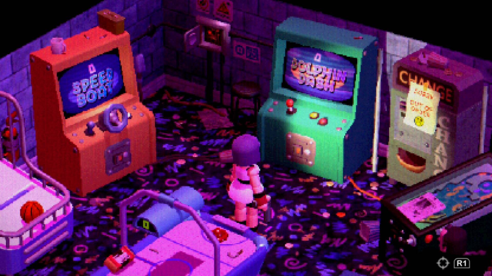 Eine blockige Figur steht in einer farbenfrohen Spielhalle