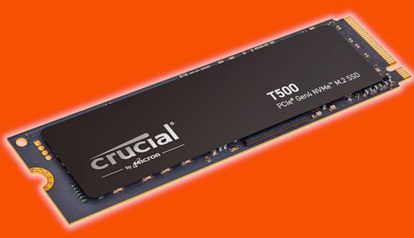 A Crucial T500 SSD against an orange background