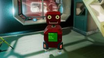 2022's most overlooked immersive sim just got a new game plus mode: A lovely smiley robot from Ctrl Alt Ego stands in front of a glass window on a metal floor, smiling up at you.
