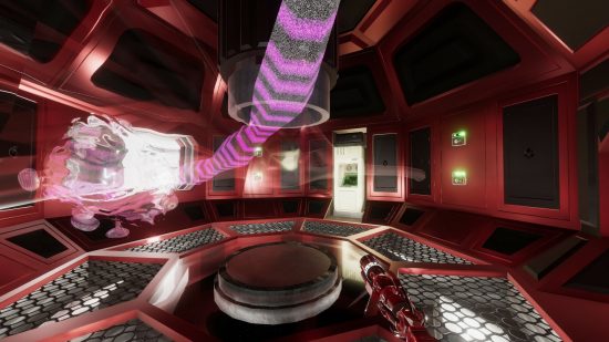 A red room in Ctrl Alt Ego with a big purple pipe descending from the ceiling and multiple doorways showing where you can go.