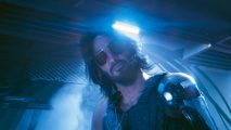 Cyberpunk 2077 Phantom Liberty best quest: Keanu Reeves as a sci-fi man with a metal left arm, on a railing