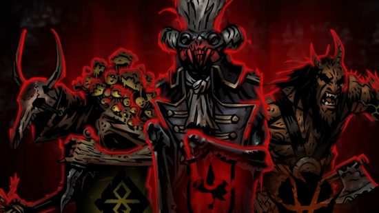 New game mode will bring fresh misery to Darkest Dungeon 2: Three different hideous monsters stand outlined by red, they look very unwelcoming.