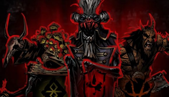 New game mode will bring fresh misery to Darkest Dungeon 2: Three different hideous monsters stand outlined by red, they look very unwelcoming.