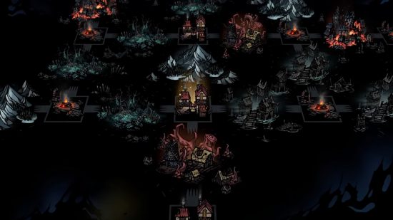 Una captura de pantalla de la próxima actualización gratuita de Kingdoms para Darkest Dungeons 2 que presenta el mundo del juego completo con una posada de refugio seguro y algunas otras ubicaciones.