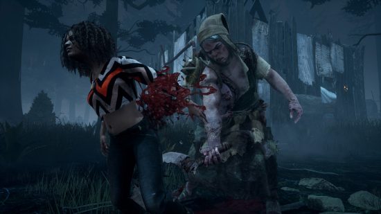Charlotte from Dead by Daylight smacks Élodie Rakoto with her colossal sickle, sending blood flying