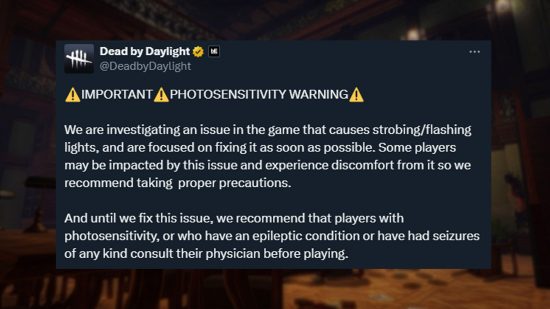 Tweet from the developer which explains the photosensitivity issue and recommends taking proper precautions before playing.