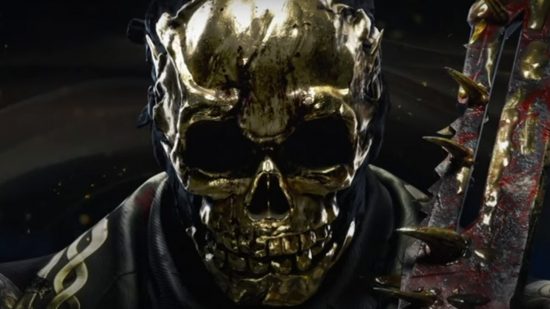 Massive DBD patch will download 30gb of gold-infused splendor: The Trapper from Dead by Daylight is in extreme closeup, wearing a giant gold skull head.