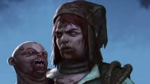 Dead by Daylight's least popular killer is now totally OP: A creepy brown-haired woman wearing a hat stands on a blue background holding a baby-like creature with sharp teeth