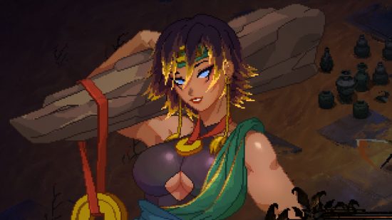 Death Must Die Act 2: a pixelated woman with short black hair and yellow tips, hoisting a giant wooden log over her right shoulder
