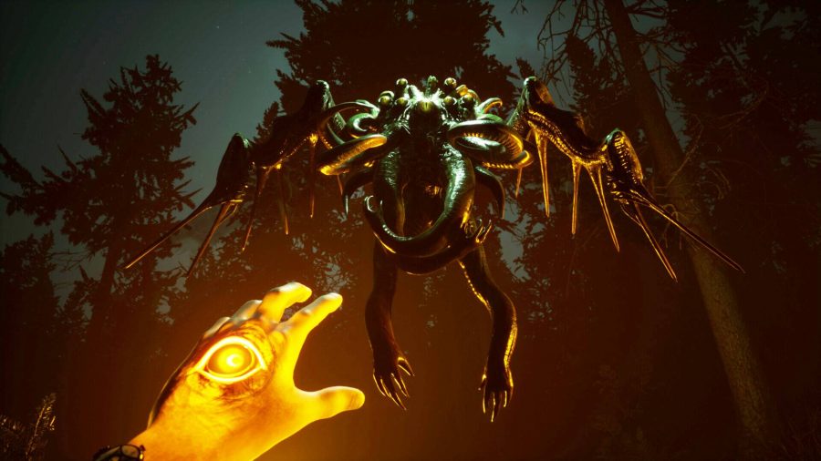 Decadent: A glowing hand with an eye on the back reaches out towards a bizarre flying monster with dangling tentacles and reptilian legs