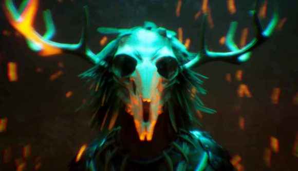 The best Amnesia game gets spiritual successor in new Steam FPS: A creepy figure in a deer skull as a mask stands in a fiery area