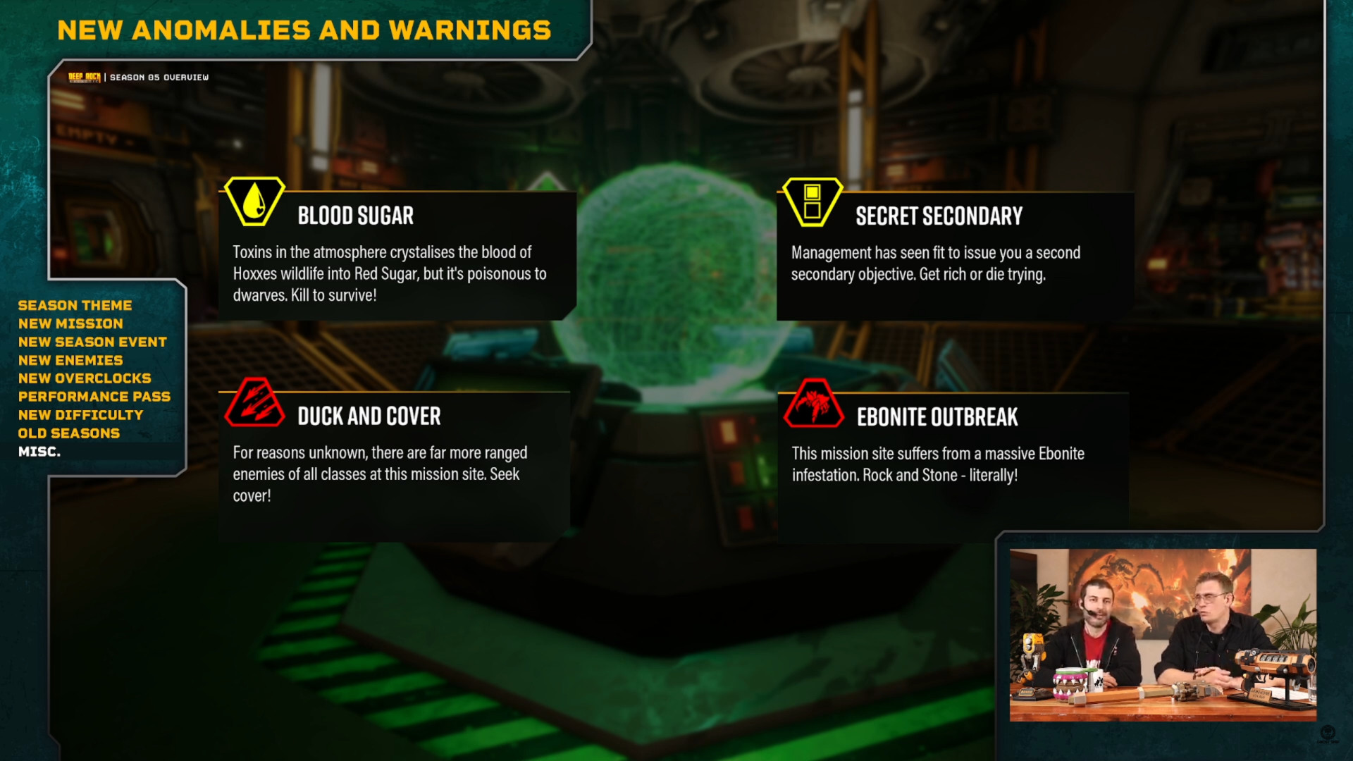 Deep Rock Galactic Seizoen 5 Drilling Deeper - Een screenshot met nieuwe afwijkingen en waarschuwingen in het komende seizoen.