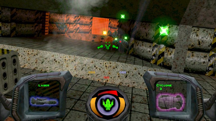 A screenshot from Descent 3 where the player is blasting away at a robotic enemy deep underground.