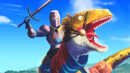 Dinlords Steam: a medieval knight riding a velociraptor holding up a sword