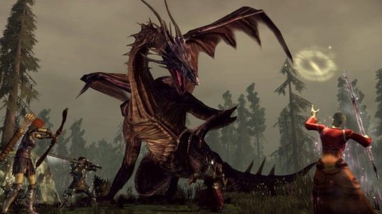 A party from Dragon Age: Origins gathers around a dragon and tries to slay it.