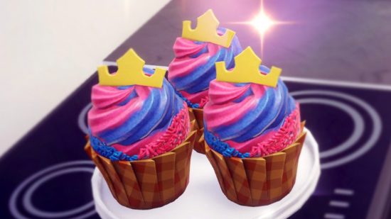 All Disney Dreamlgiht Valley recipes: Three pink and blue Princess Aurora Cupcakes sit on the stove.