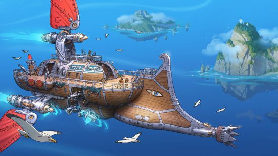 No Man's Sky meets Sea of Thieves in upcoming clockwork airship RPG: A large clockwork airship hangs in bright azure skies with floating islands dotted around.