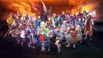 Many of the Eiyuden Chronicle Hundred Heroes characters standing in a line.