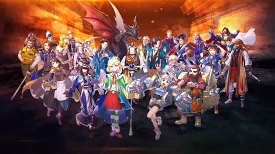 Many of the Eiyuden Chronicle Hundred Heroes characters standing in a line.