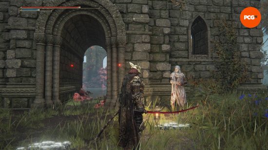Varre is standing next to a ruined church and has a way of getting to the Elden Ring Shadow of the Erdtree DLC start location early.