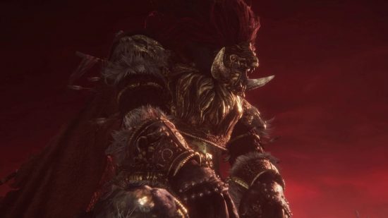 Radahn de Elden Ring está sentado con un campo rojo detrás de él, su armadura pesa sobre su forma hinchada.