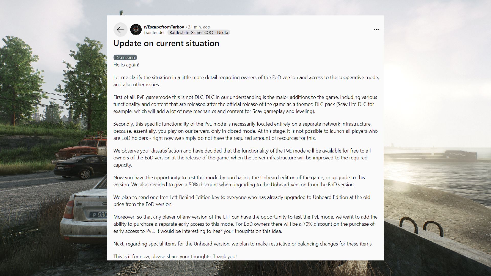 Escape From Tarkov Unheard Edition Reddit-Erklärung: ein Screenshot einer Reddit-Erklärung