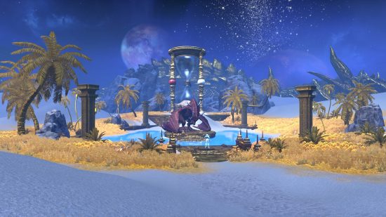 Una escena de la expansión Elsweyr de ESO que muestra un dragón en un oasis misterioso con un reloj de arena gigante cerca.