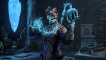 This Morrowind and Oblivion fan-favorite feature is coming to ESO: A Khajiit from ESO stands with a bottle of Luminous Ink on one hand, scribing a new spell. In the background, the new Scribing Altar crystal hangs in the air.
