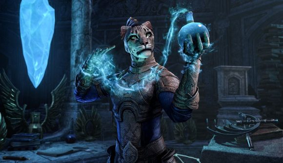 This Morrowind and Oblivion fan-favorite feature is coming to ESO: A Khajiit from ESO stands with a bottle of Luminous Ink on one hand, scribing a new spell. In the background, the new Scribing Altar crystal hangs in the air.