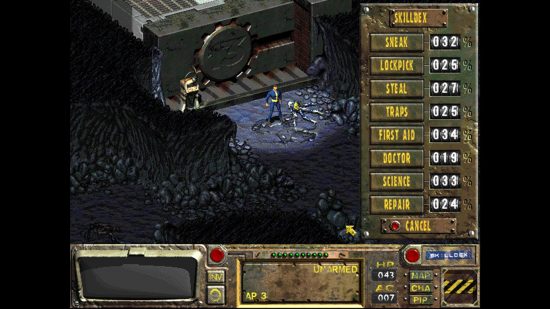 Best Fallout games: a top down view of a man as he emerges from an underground vault.