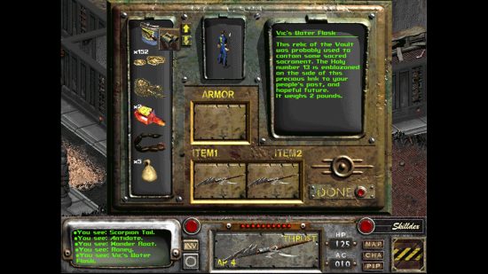 Best Fallout games: a computer screen showing various points of data, including a text entry of a persons diary.