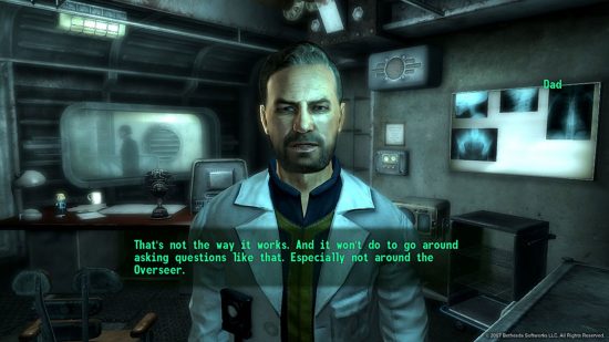 Best Fallout games: a person wearing a doctors coat talks about how he doesn't ask questions.