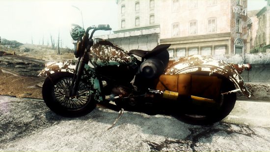 A Police motorcycle in Fallout 3, part of the Motorcycles of the Apocalypse mod, one of the best Fallout 3 mods.