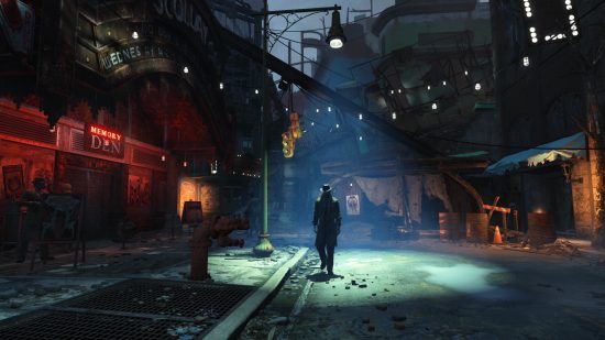 Best Fallout games: a man wearing a trenchcoat is lit from above by a streetlamp while the rest of the area is in darkness.