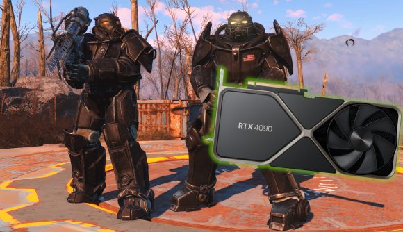 Two sets of power armor, with one (right) wielding a GeForce RTX 4090 graphics card