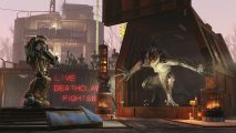 Best Fallout 4 builds: a person wearing a huge set of armor attempts to fight a huge monster with razor sharp claws.