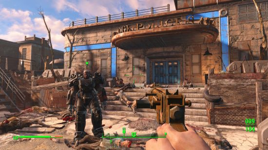 The player aims a pipe pistol in first person at Cambridge Police Station. Paladin Danse stands in Power Armor to the left of it.